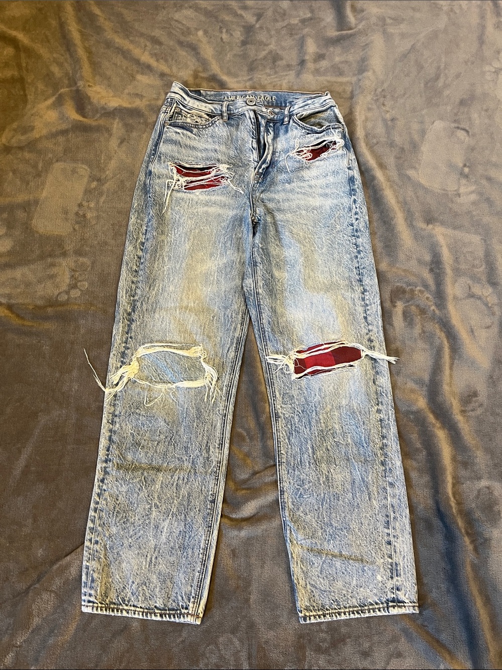 American Eagle Outfitters Light Blue Straight Leg Jeans with Red Patch Details